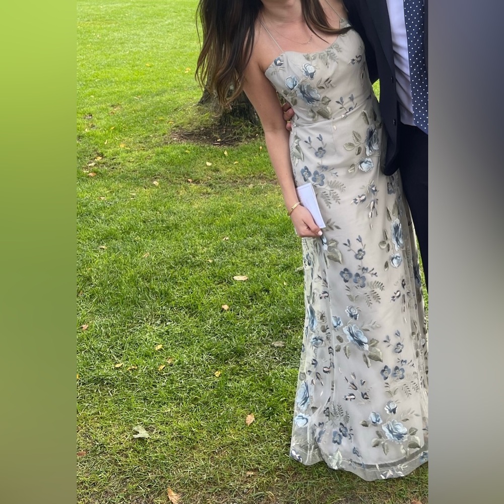 Jenny Yoo Floral Embroidered Dress in Cream and Blue